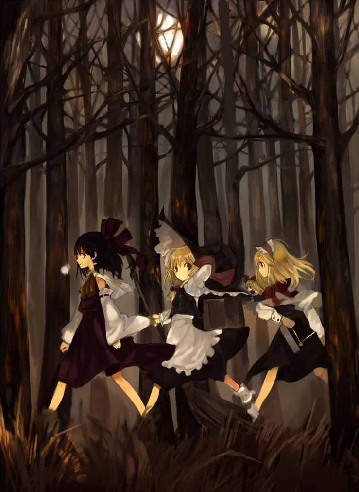 hakurei reimu, kirisame marisa, alice margatroid, and shanghai doll (touhou) drawn by kol49