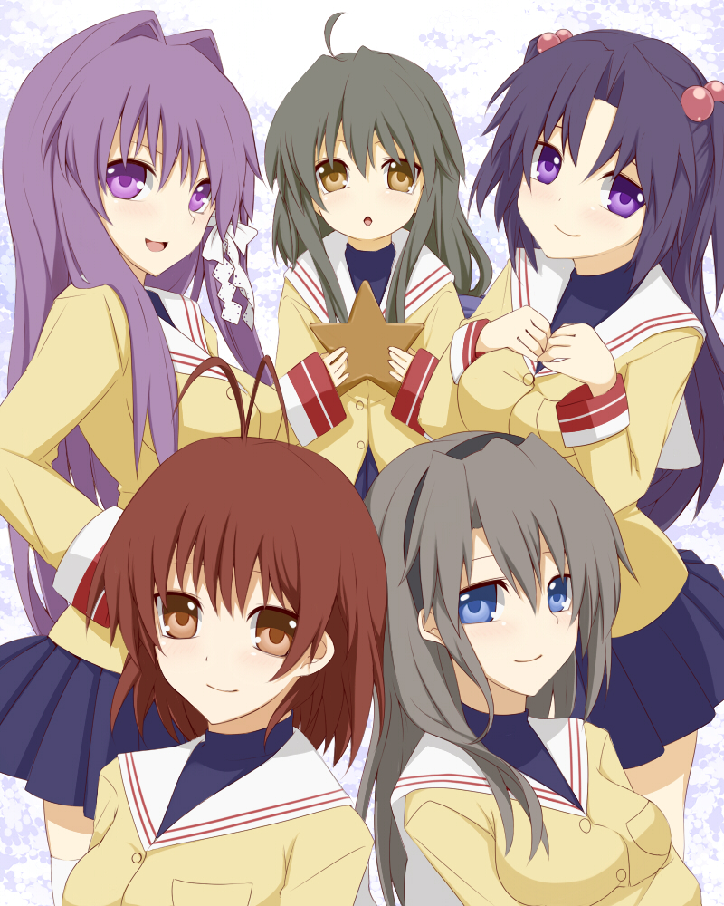 furukawa nagisa, fujibayashi kyou, ibuki fuuko, sakagami tomoyo, and ichinose kotomi (clannad) drawn by nemu_(nebusokugimi)