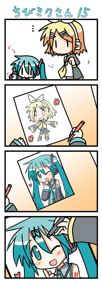 hatsune miku, kagamine rin, and chibi miku (vocaloid) drawn by minami_(colorful_palette)
