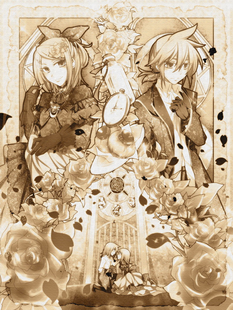 kagamine rin, kagamine len, riliane lucifen d'autriche, and allen avadonia (vocaloid and 3 more) drawn by haru_aki
