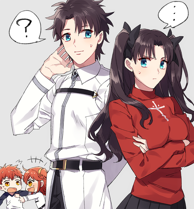 fujimaru ritsuka, tohsaka rin, and emiya shirou (fate and 1 more) drawn by k_(gear_labo)