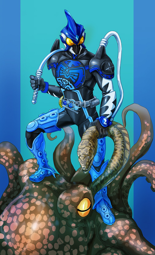 kamen rider ooo and shauta (kamen rider and 1 more) drawn by huujyu