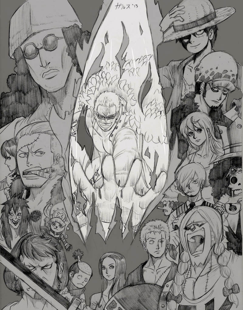 nami, monkey d. luffy, roronoa zoro, sanji, trafalgar law, and 11 more (one piece) drawn by garththedestroyer