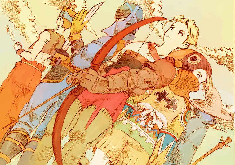 monk, black mage, archer, ninja, and mime (final fantasy and 1 more) drawn by trpy_tc