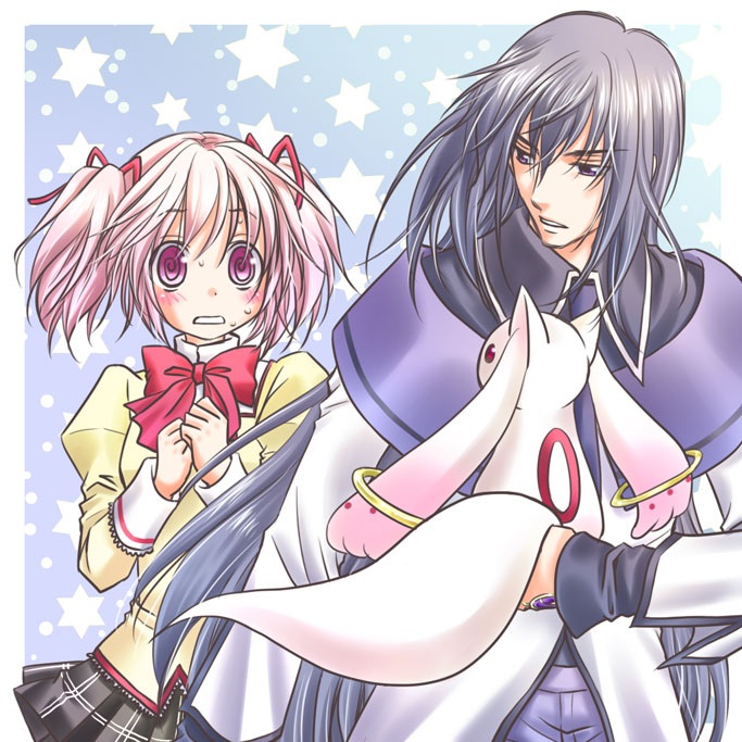 akemi homura, kaname madoka, and kyubey (mahou shoujo madoka magica) drawn by souka_senbei