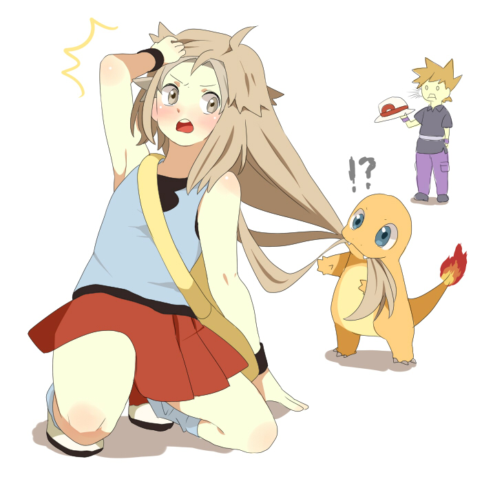 red, blue oak, leaf, and charmander (pokemon and 1 more) drawn by pumpkinpan