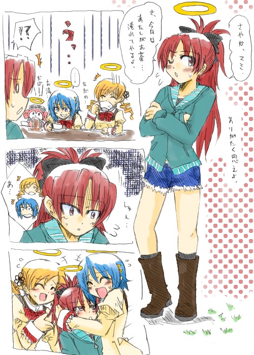 miki sayaka, sakura kyoko, tomoe mami, and charlotte (mahou shoujo madoka magica) drawn by 05deruta