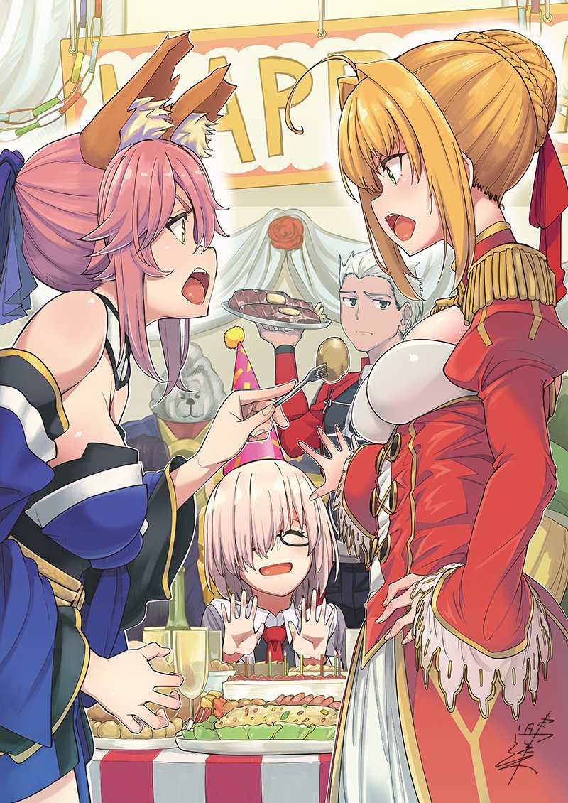 mash kyrielight, tamamo, nero claudius, tamamo no mae, archer, and 1 more (fate and 3 more) drawn by kosuke_haruhito