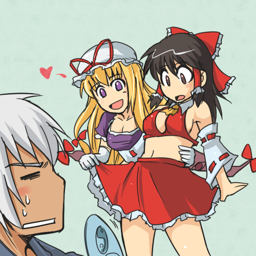 hakurei reimu, yakumo yukari, and buront (touhou and 3 more) drawn by koraku_gekki