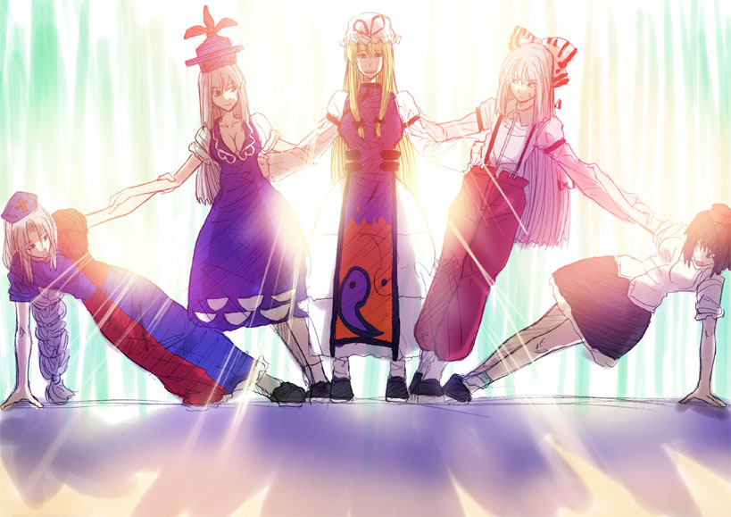yakumo yukari, shameimaru aya, fujiwara no mokou, kamishirasawa keine, and yagokoro eirin (touhou) drawn by bonkara_(sokuseki_maou)