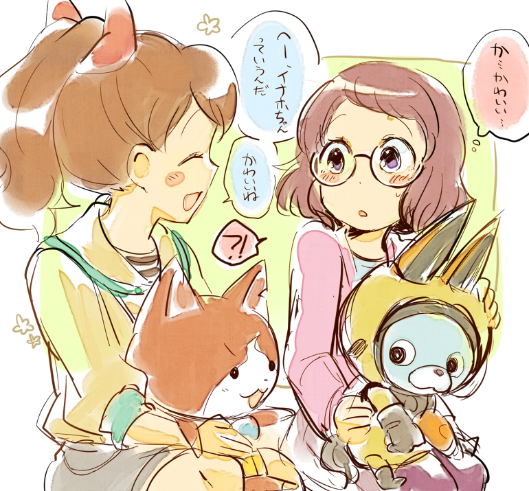 jibanyan, kodama fumika, usapyon, and misora inaho (youkai watch and 1 more) drawn by asumi_chikyuu