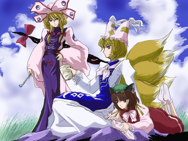 yakumo yukari, yakumo ran, and chen (touhou) drawn by flx