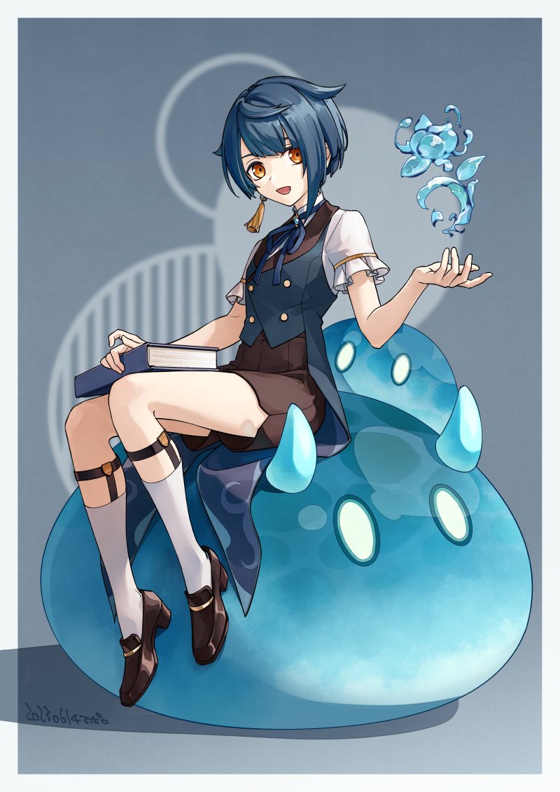 slime, xingqiu, and hydro slime (genshin impact) drawn by apollo_hotori