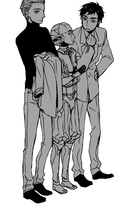r daneel olivaw, elijah baley, and r giskard reventlov (the caves of steel and 2 more) drawn by kurosuke_(nora)
