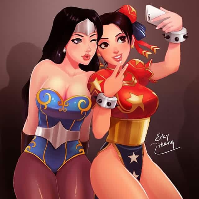 chun-li and wonder woman (street fighter and 1 more) drawn by ecky_huang