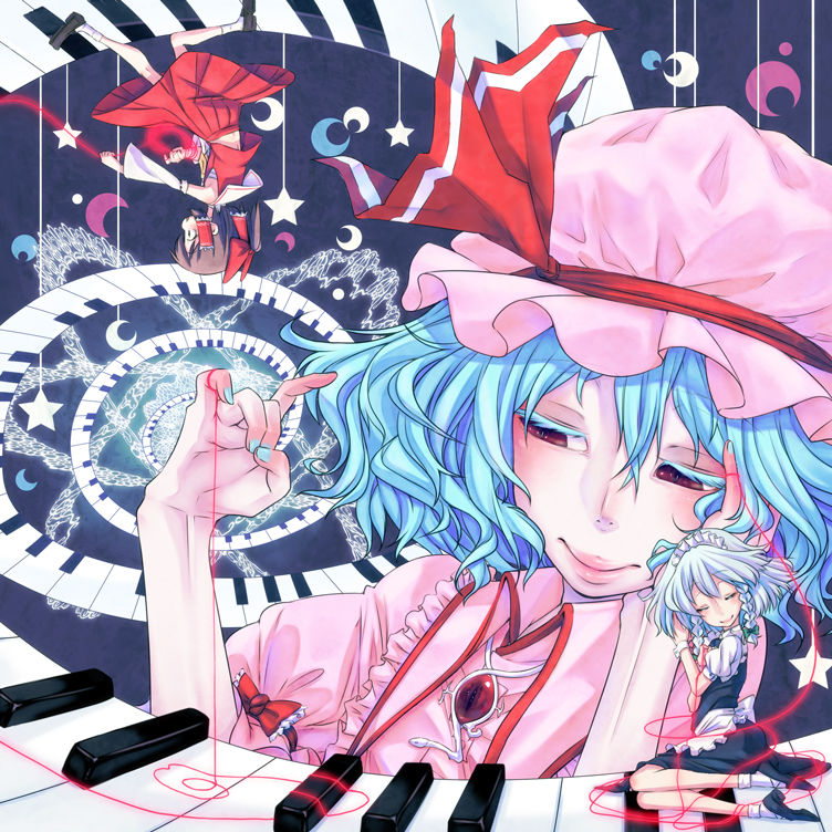 hakurei reimu, remilia scarlet, and izayoi sakuya (touhou) drawn by chimosaku