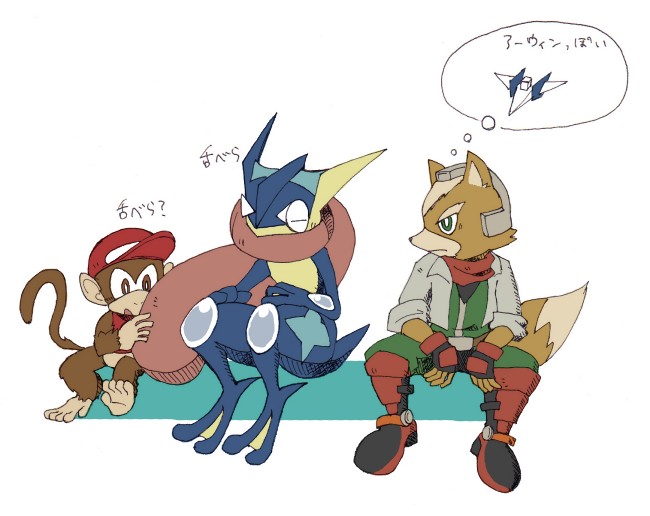 greninja, fox mccloud, and diddy kong (pokemon and 4 more) drawn by mochizaru