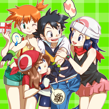 dawn, may, ash ketchum, and misty (pokemon) drawn by zaitsu