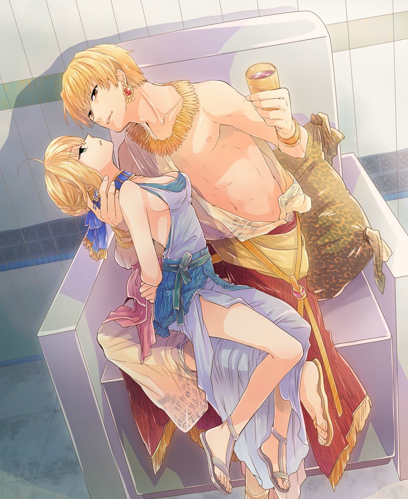 artoria pendragon, saber, and gilgamesh (fate and 1 more) drawn by irono_(irtyu)