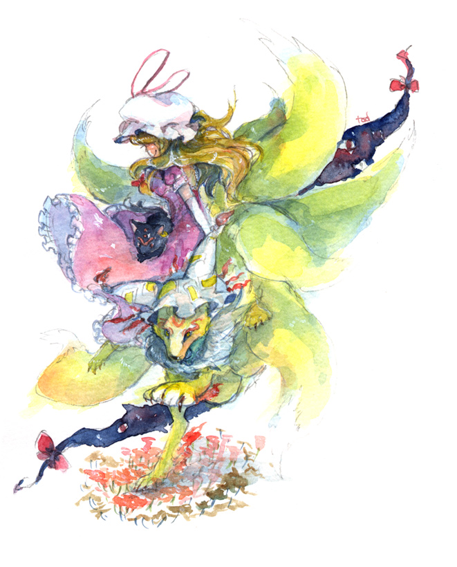 yakumo yukari, yakumo ran, and chen (touhou) drawn by gogo/tad