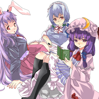izayoi sakuya, patchouli knowledge, and reisen udongein inaba (touhou) drawn by kazuha_nanako