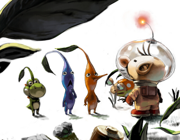 red pikmin, olimar, blue pikmin, yoshi, and bulborb (mario and 1 more) drawn by koki_(ryoushikiha)