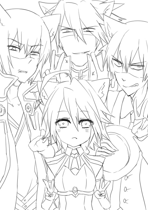 ragna the bloodedge, jin kisaragi, lambda-11, and hazama (blazblue) drawn by yuya_(oshidori)