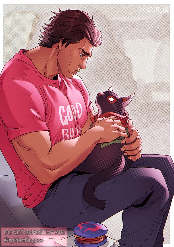 miguel o'hara, miles morales, and meows morales (marvel and 3 more) drawn by spiderthingcoo
