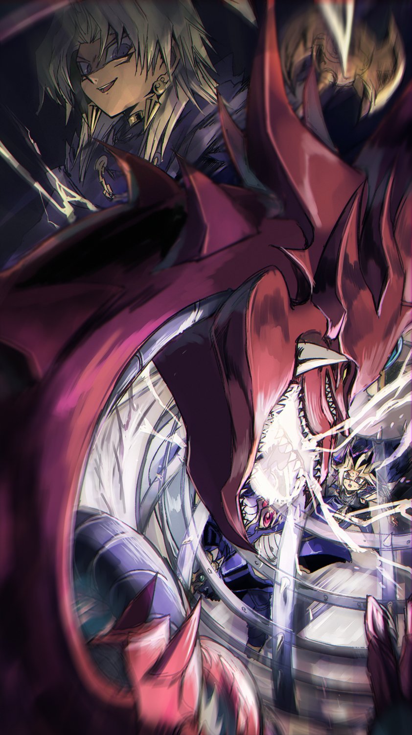 yami yugi, osiris the sky dragon, marik ishtar, and thunderforce attack (yu-gi-oh! and 1 more) drawn by shi_(shooo_ttt)