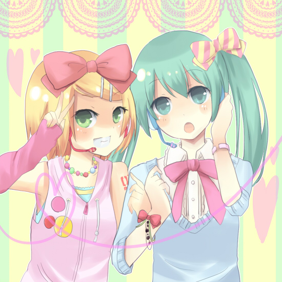 hatsune miku and kagamine rin (vocaloid) drawn by wadaka