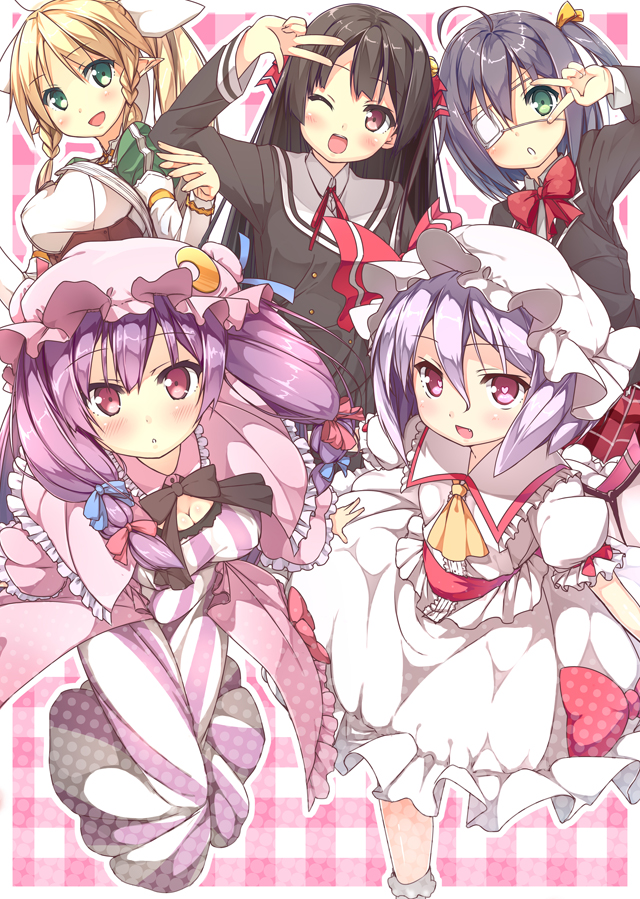 remilia scarlet, patchouli knowledge, takanashi rikka, leafa, and himenokouji akiko (touhou and 3 more) drawn by usume_shirou