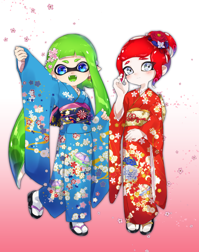 inkling player character, inkling girl, octoling player character, and octoling girl (splatoon) drawn by amatya