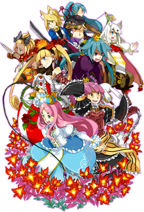 samurai, princess, momomeno, mage, namuna, and 7 more (7th dragon) drawn by harutarou