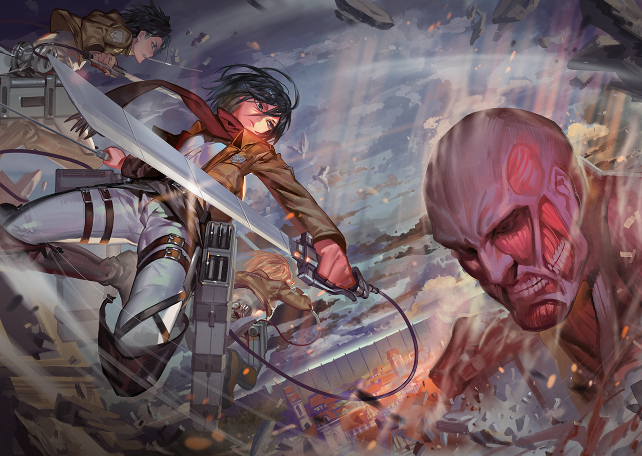 Mikasa Ackerman Eren Yeager Armin Arlert Titan And Colossal Titan Shingeki No Kyojin Drawn By Alphonse White Datura Danbooru Mikasa Ackerman Eren Yeager Armin Arlert Titan And Colossal Titan Shingeki No Kyojin Drawn By Alphonse White Datura Danbooru