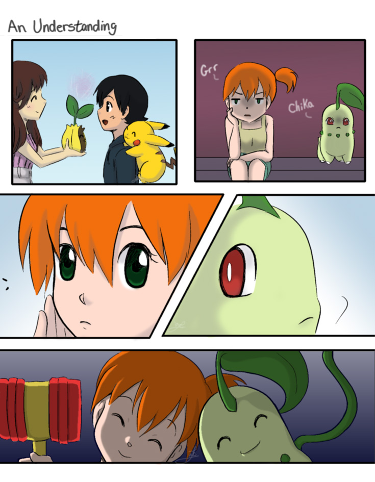 pikachu, ash ketchum, misty, chikorita, and sunkern (pokemon)
