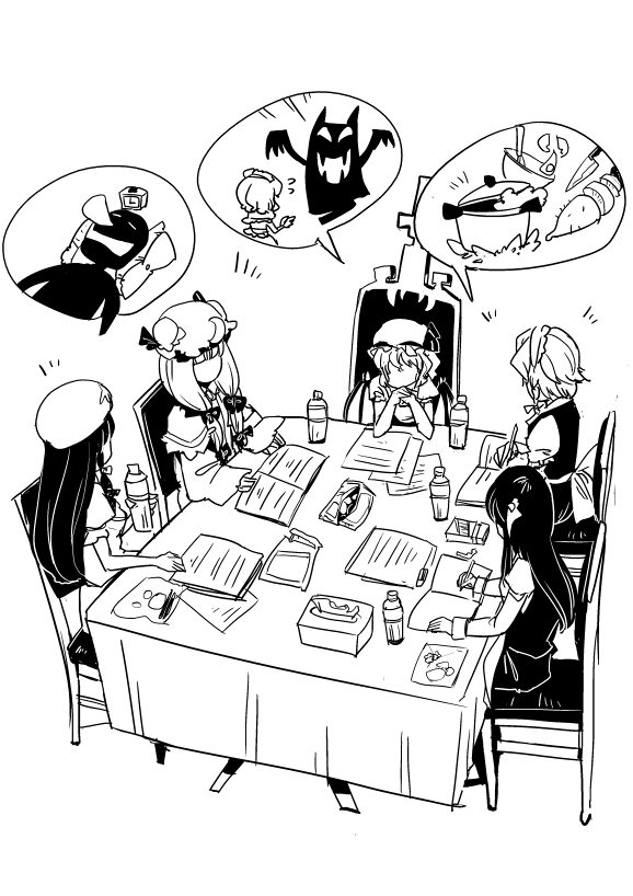 remilia scarlet, izayoi sakuya, patchouli knowledge, hong meiling, and koakuma (touhou) drawn by hounori