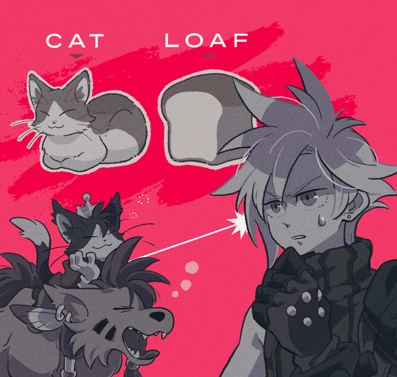 cloud strife, red xiii, and cait sith (final fantasy and 3 more) drawn by coffinsmokes
