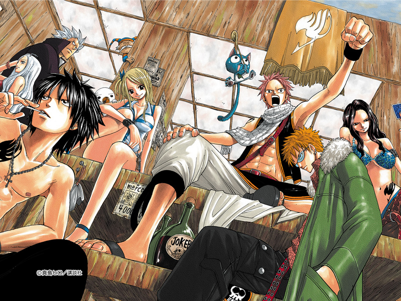 lucy heartfilia, natsu dragneel, gray fullbuster, mirajane strauss, cana alberona, and 3 more (fairy tail) drawn by mashima_hiro