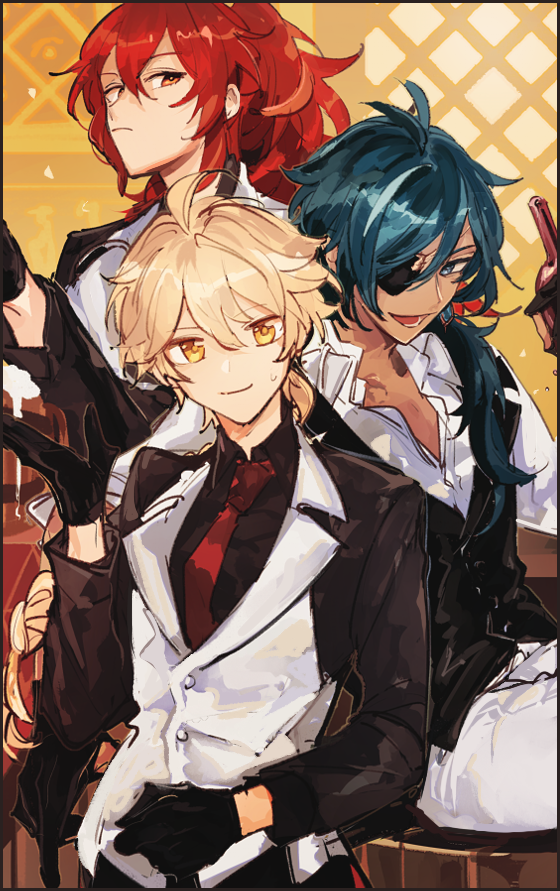 aether, diluc, and kaeya (genshin impact) drawn by ayano_(katou)