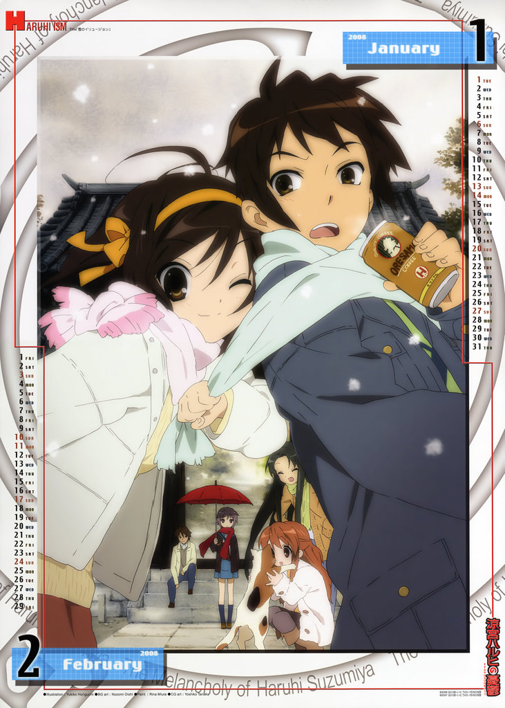 suzumiya haruhi, nagato yuki, asahina mikuru, kyon, koizumi itsuki, and 2 more (suzumiya haruhi no yuuutsu) drawn by horiguchi_yukiko