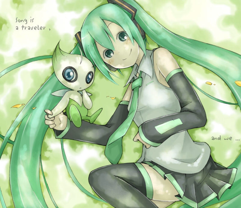hatsune miku and celebi (pokemon and 2 more) drawn by kadokoa