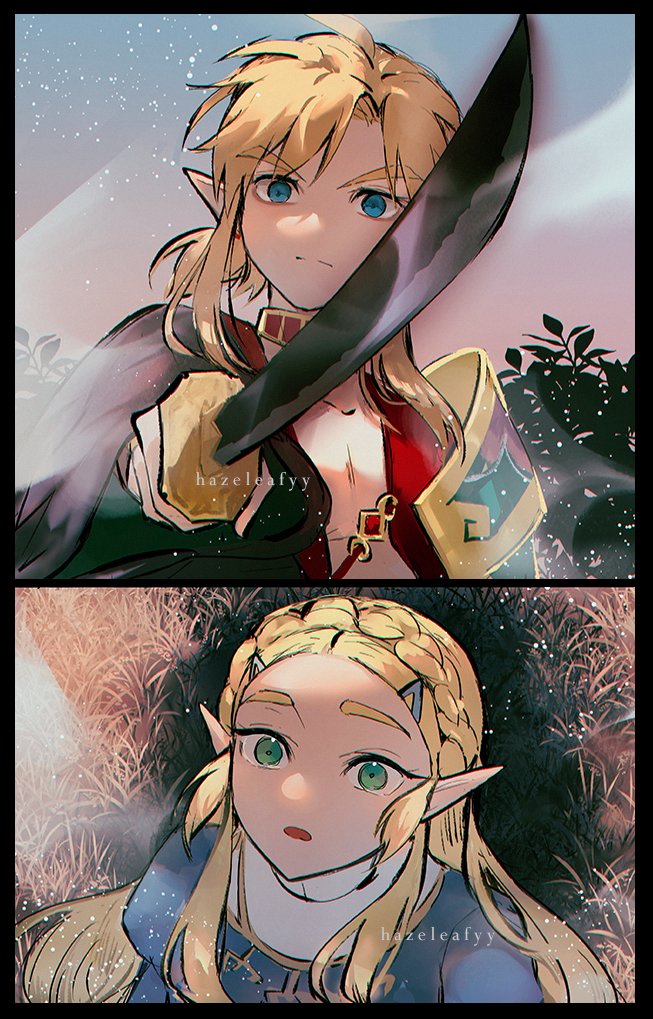 link and princess zelda (the legend of zelda and 1 more) drawn by hazeleafyy