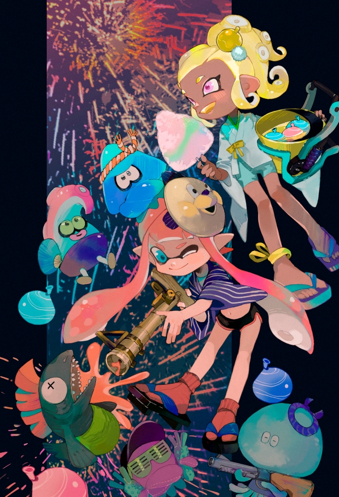 inkling player character, inkling girl, octoling player character, octoling girl, jellyfish, and 3 more (splatoon) drawn by panchicchi_(pixiv_101958735)