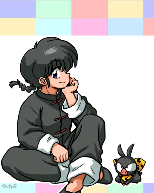 saotome ranma and p-chan (ranma 1/2) drawn by wanta_(futoshi)