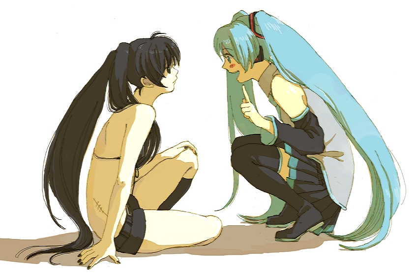 hatsune miku and black rock shooter (vocaloid and 1 more) drawn by kawai_makoto