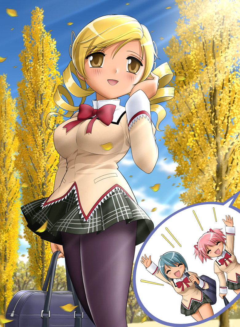 kaname madoka, miki sayaka, and tomoe mami (mahou shoujo madoka magica) drawn by shingyouji_tatsuya