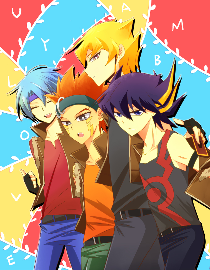 fudo yusei, jack atlas, crow hogan, and kiryu kyosuke (yu-gi-oh! and 1 more) drawn by heinicke
