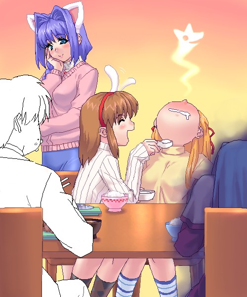 tsukimiya ayu, minase nayuki, minase akiko, sawatari makoto, and aizawa yuuichi (kanon) drawn by zen_(kamuro)