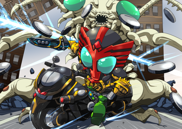 kamen rider ooo and tatoba (kamen rider and 1 more) drawn by denji_(mugitomato)