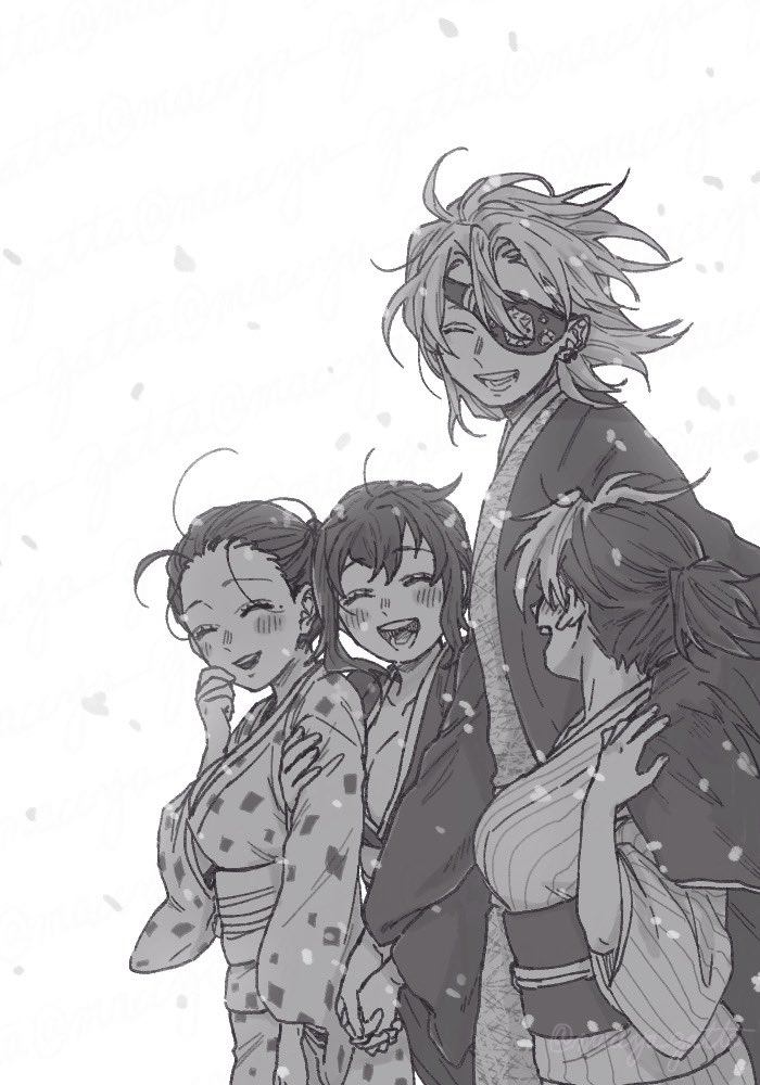 uzui tengen, makio, hinatsuru, and suma (kimetsu no yaiba) drawn by maccya_zatta